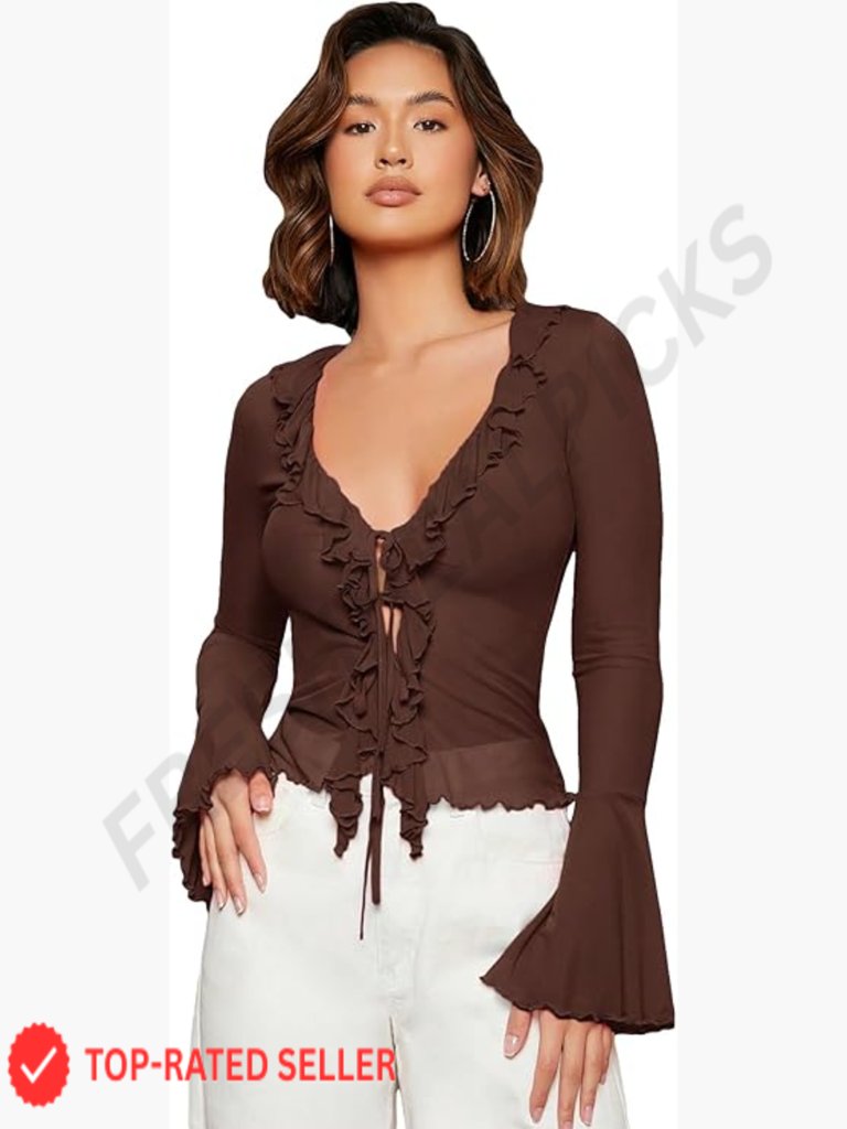 Sheer Cardigan Bell Sleeve Tie Front Mesh Top Ruffle Long Sleeve V-Neck Blouse